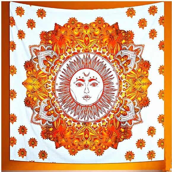 BRAND NEW Queen Size Large Cotton Cosmic Sun Stars Orange Gold Boho Tapestry - Picture 3 of 4